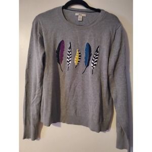 Bass 100% Cotton XL Lightweight Knit Colorful Feathers Print Gray Sweater